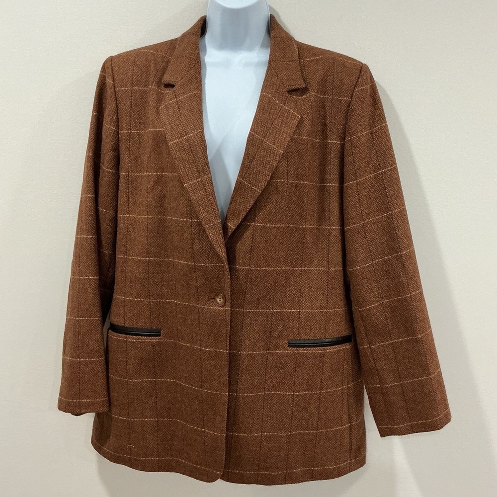 Vintage Harve Benard Blazer Womens 16 Brown 100% Wool Leather Trim Preppy Plaid